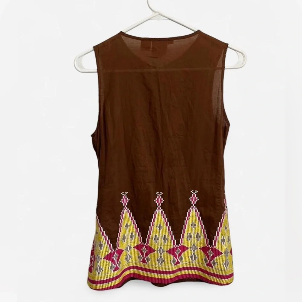 Tory Burch Brown Sleeveless Ruffle-Front Tank with Pink Yellow Embroidery Size 4